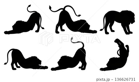 Black Solid Stretching Lion Silhouettes Set of Six on White Background 136626731