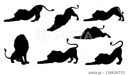 Black Solid Stretching Out Lion Silhouettes Set of Six on White Background 136626733