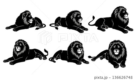 Black Solid Sun Basking Lion Silhouettes Set of Six on White Background 136626748