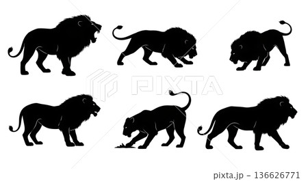 Black Solid Territorial Challenge Lion Silhouettes Set of Six on White Background 136626771