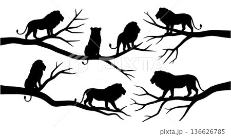 Black Solid Tree Branch Lion Silhouettes Set of Six on White Background 136626785