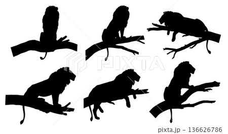 Black Solid Tree Survey Lion Silhouettes Set of Six on White Background 136626786
