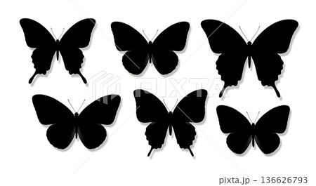 Black Solid Varied Size Butterfly Silhouettes Set of Six on White Background 136626793