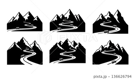 Black Solid Vehicle Road Mountain Silhouettes Set of Six on White Background Black Solid Vehicle Road Mountain Silhouettes Set of Six on White Background 136626794