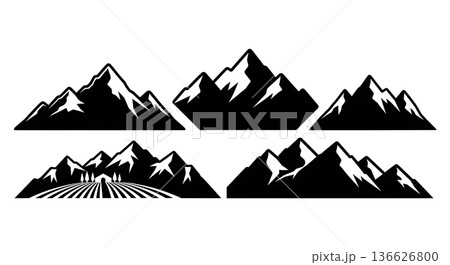 Black Solid Vineyard Mountain Silhouettes Set of Six on White Background Black Solid Vineyard Mountain Silhouettes Set of Six on White Background 136626800