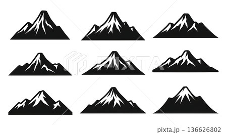 Black Solid Volcanic Peak Mountain Silhouettes Set of Six on White Background 136626802