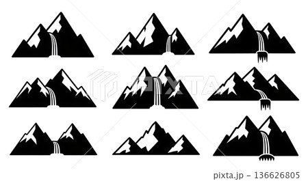 Black Solid Waterfall Mountain Silhouettes Set of Six on White Background 136626805