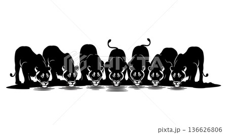 Black Solid Watering Hole Lion Silhouettes Set of Six on White Background 136626806