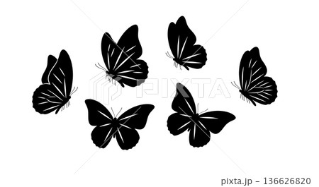 Black Solid Wing Vein Butterfly Silhouettes Set of Six on White Background 136626820