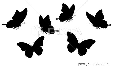 Black Solid Wing Width Butterfly Silhouettes Set of Six on White Background 136626821