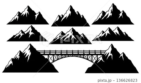 Black Solid Wooden Bridge Mountain Silhouettes Set of Six on White Background 136626823