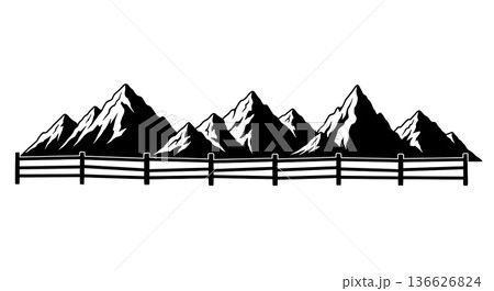 Black Solid Wooden Fence Mountain Silhouettes Set of Six on White Background 136626824