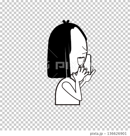 A woman laughing while talking on her smartphone (sideways, upper body, simple line drawing) 136626901