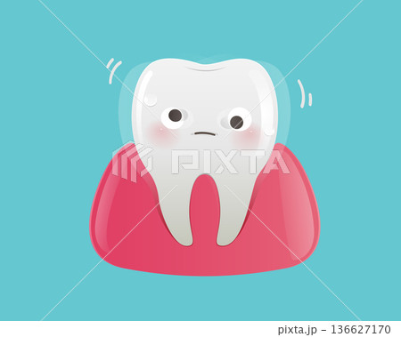 Cute Cartoon Tooth Character Wiggling and Feeling Worried on Pink Gums Cute Cartoon Tooth Character Wiggling and Feeling Worried on Pink Gums 136627170