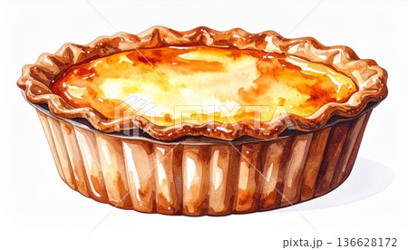 Golden Yellow Egg Custard Tart in Flaky Pastry Shell Watercolor Isolated 136628172