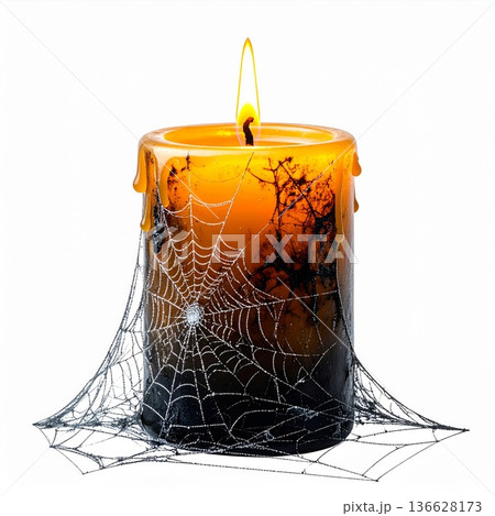 Glowing Halloween Candle with Dripping Wax and Spiderweb Decoration on White Background for Festive 136628173
