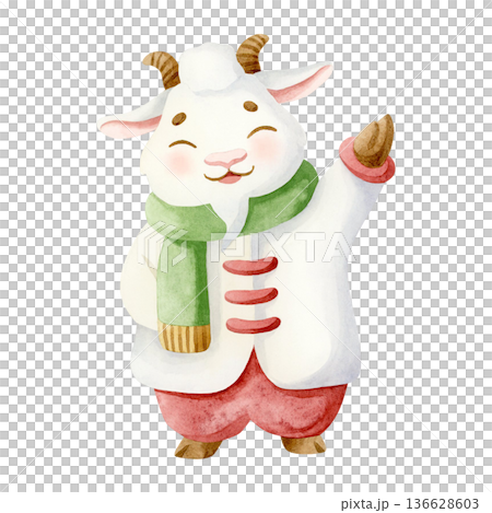 Watercolor goat in winter clothes isolated illustration in traditional Christmas colors. Funny smiling animals character for Happy New Year greeting clip art. Chinese zodiac calendar symbol of 2027 136628603