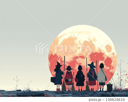 やわらかな色彩で描く魔法使いの少女たちと満月 絵本風ファンタジーの装丁・児童向け素材 136628610