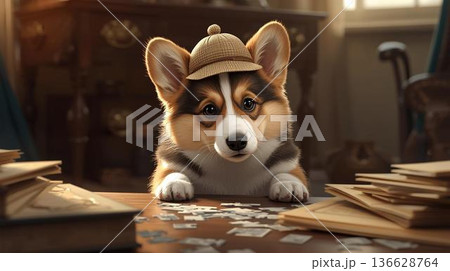 室内で帽子を被った小さなコーギー 136628764