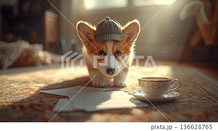 室内で帽子を被った小さなコーギー 136628765