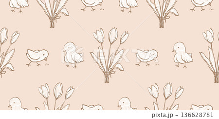 Whimsical vintage Easter seamless pattern with chicks, tulips, and botanical elements. 136628781