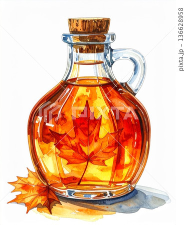 Maple Syrup Illustration in a Glass Bottle with a Cork Stopper and Fallen Maple Leaf Accent 136628958