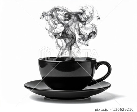Elegant Black Coffee Cup with Rising Plumes of Vapor on White Backdrop 136629216
