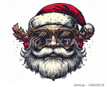 Santa Claus with Sunglasses Red Hat and Reindeer Antlers Festive Celebration on a White Background Detailed Santa Claus with Sunglasses Red Hat and Reindeer Antlers Festive Celebration on a White Background Detailed 136629218
