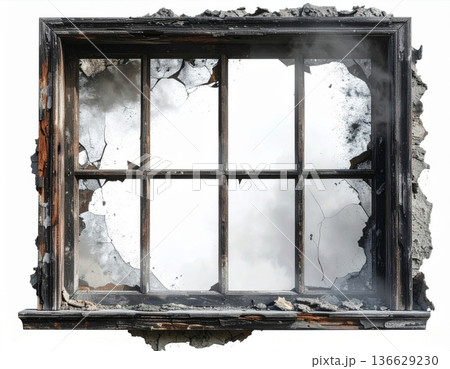 Damaged Window Frame with White Smoke on White Background After Fire Destruction 136629230