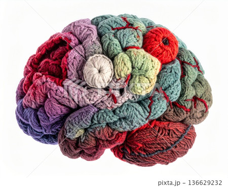 Colorful Knitted Brain Model on White Background Detailed Anatomy Side View 136629232