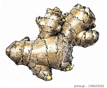 Close Up Illustration of an Organic Ginger Root Isolated on White Background 136629282