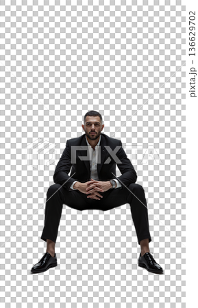 A graceful leader in deep charcoal, seated calmly on a floating ring, symbolizing unity, visionary control, and circular thinking 136629702