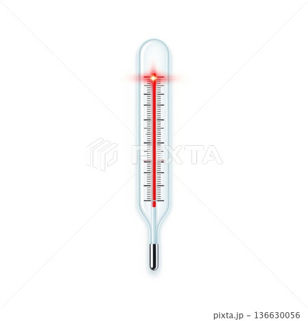 High Temperature Mercury Thermometer with Red Liquid and Glowing Heat Effect on White Background Medical Equipment 136630056