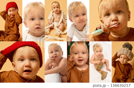 Baby daily routine moments collage with close up portraits hygiene care and cozy home lifestyle. 136630257