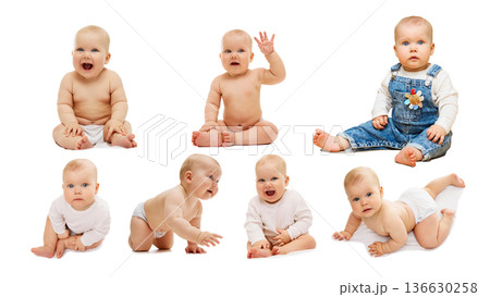 Baby expressions collage with sitting crawling waving and smiling infant isolated on white. Baby expressions collage with sitting crawling waving and smiling infant isolated on white. 136630258