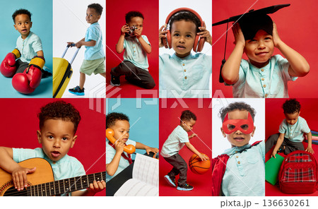 Multi career childhood dreams collage of boy exploring professions hobbies and education. Multi career childhood dreams collage of boy exploring professions hobbies and education. 136630261