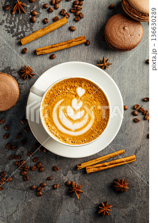 Latte with heart art and coffee beans Latte with heart art and coffee beans 136630289