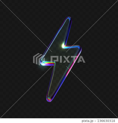 Transparent 3D glass lightning bolt icon with holographic gradient effect on black background, modern tech energy symbol with neon glow and realistic thunder shape 136630318