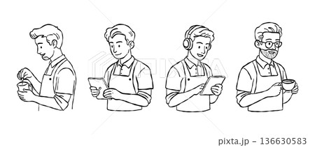 Modern male barista and cafe staff hand drawn vector line art set with tablet ordering and headphones for digital cafe management and branding design 136630583