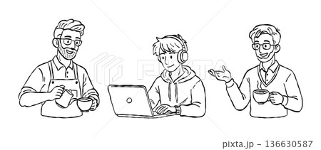 Modern male character cafe lifestyle hand drawn vector line art set with barista pouring latte art freelance laptop working and social interaction Modern male character cafe lifestyle hand drawn vector line art set with barista pouring latte art freelance laptop working and social interaction 136630587