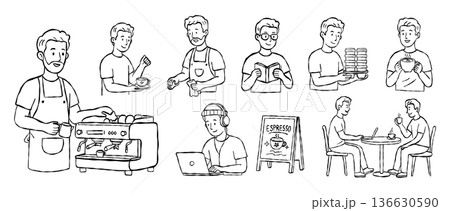 Modern male character cafe lifestyle and professional barista hand drawn vector line art set with laptop working espresso making and social interaction Modern male character cafe lifestyle and professional barista hand drawn vector line art set with laptop working espresso making and social interaction 136630590