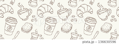 Seamless coffee and bakery pattern hand drawn vector line art background with croissant hot cup and bread for cafe packaging and wallpaper design Seamless coffee and bakery pattern hand drawn vector line art background with croissant hot cup and bread for cafe packaging and wallpaper design 136630596