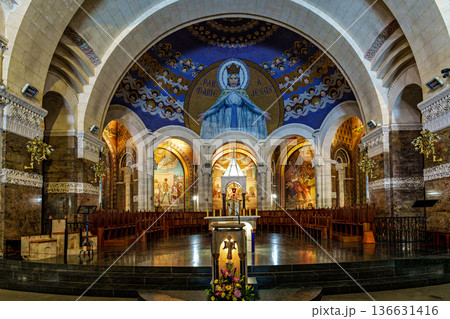 Interior of the Basilica in the Sanctuary of Lourdes, France. 136631416