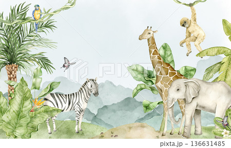 Watercolor safari jungle wallpaper with giraffe, elephant, zebra, monkey, parrots, sky and palm trees. Animal themed wall design for nursery interior, kids room decor, playroom styling. Watercolor safari jungle wallpaper with giraffe, elephant, zebra, monkey, parrots, sky and palm trees. Animal themed wall design for nursery interior, kids room decor, playroom styling. 136631485