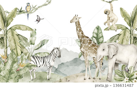 Watercolor jungle wallpaper with giraffe, elephant, zebra, monkey, parrots and tropical plants. Pastel soft colors. Animal themed wall design for nursery interior, kids room decor, playroom styling. 136631487
