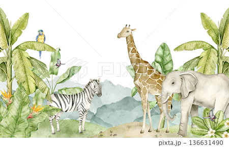 Watercolor safari jungle wallpaper illustration with giraffe, elephant, zebra, monkey, parrots and tropical plants. Animal themed wall design for nursery interior, kids room decor, playroom styling. 136631490