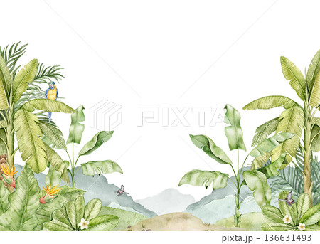 Watercolor jungle wallpaper with tropical plants, palm leaves, Strelitzia and macaw parrot. Decorative wall print for nursery interior, kids room decor, playroom design, nature themed spaces. Watercolor jungle wallpaper with tropical plants, palm leaves, Strelitzia and macaw parrot. Decorative wall print for nursery interior, kids room decor, playroom design, nature themed spaces. 136631493