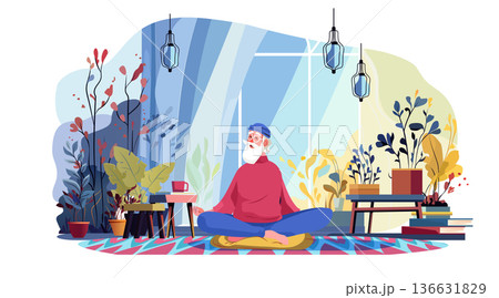Senior man meditating yoga mindfulness indoor plants cozy room books colorful modern home 136631829