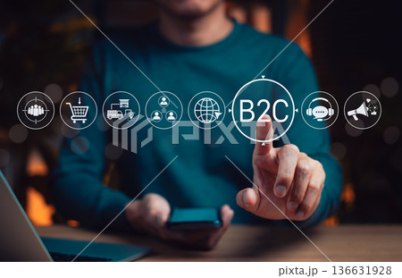 B2C marketing and e-commerce concept. Business to consumer, Businessman touching icons for online shopping, digital marketing, consumer analytics, delivery service, customer engagement strategy, B2C marketing and e-commerce concept. Business to consumer, Businessman touching icons for online shopping, digital marketing, consumer analytics, delivery service, customer engagement strategy, 136631928