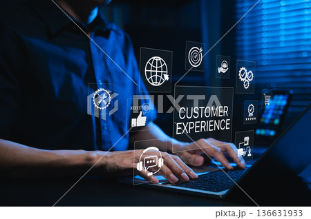 Customer experience management concept. Digital interface with icons of service, feedback, and satisfaction. representing marketing strategy, CRM, user engagement and customer-centric business model. Customer experience management concept. Digital interface with icons of service, feedback, and satisfaction. representing marketing strategy, CRM, user engagement and customer-centric business model. 136631933